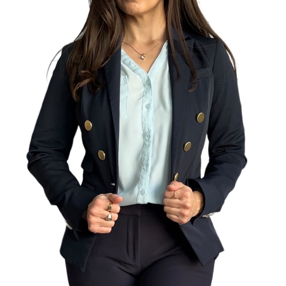 Express Peak Lapel Double Breasted Novelty Button Blazer, Navy Blue, Size 0 - Picture 3 of 14